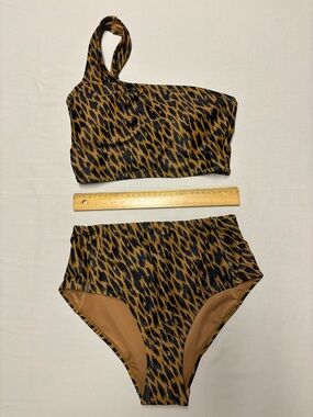 Joe Fresh One-Shoulder Animal Print Bikini Set in Brown and Black